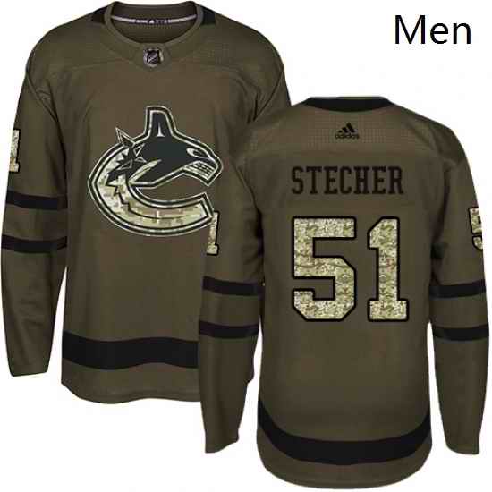 Mens Adidas Vancouver Canucks 51 Troy Stecher Premier Green Salute to Service NHL Jersey